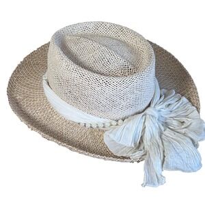 Vintage One Size Fits Most Made In USA Tan With Beads And Ribbon Summer Hat
